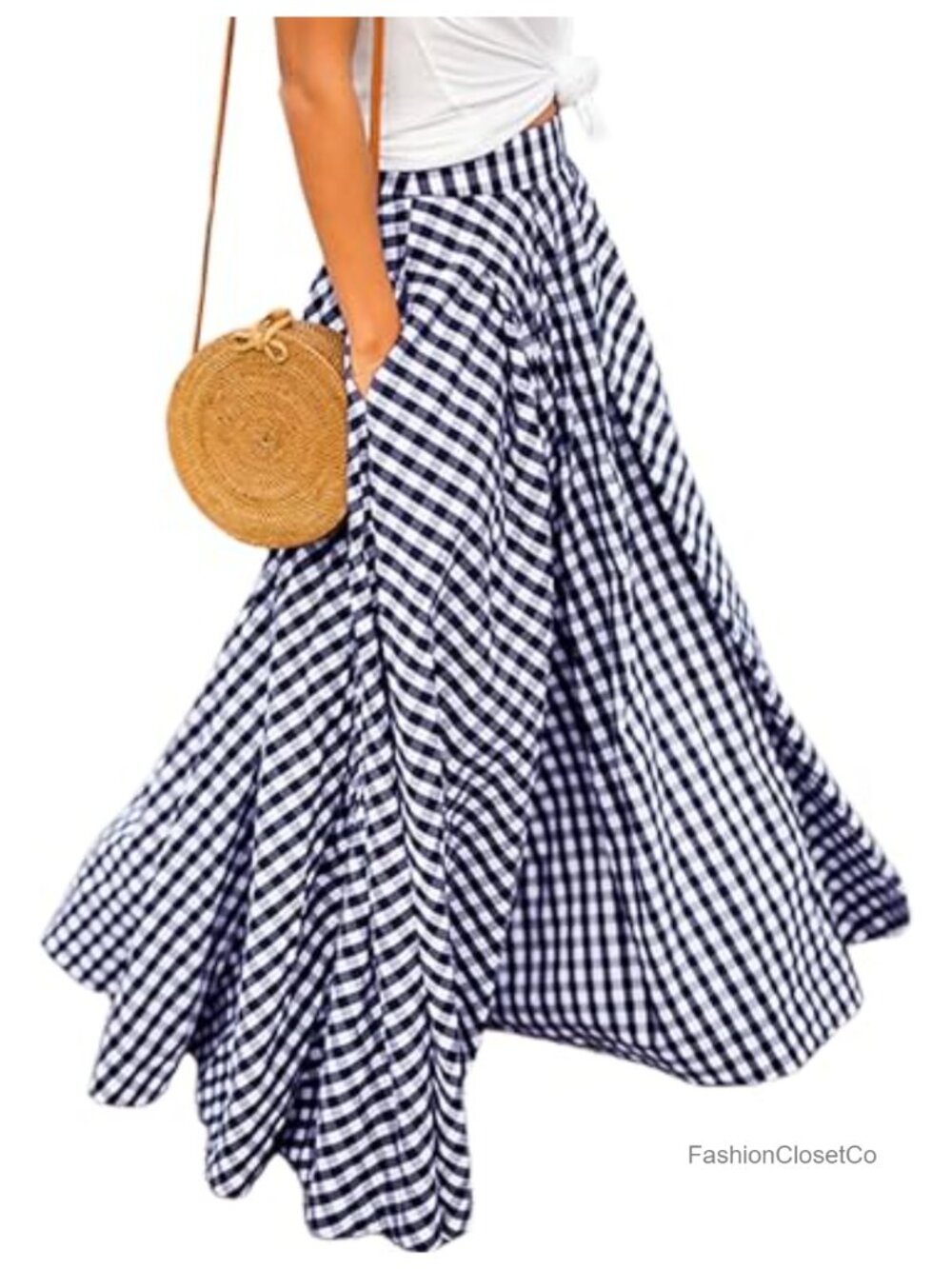 Women's Gingham Plaid Maxi Skirt High Waist A-Line Pleated Long Skirt